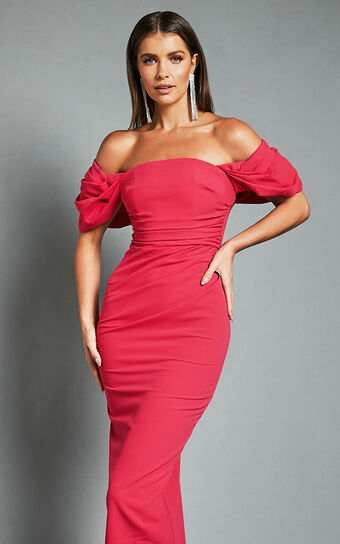 Lohan Midi Dress - Off Shoulder Puff Sleeve in Berry