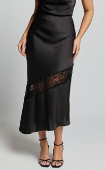 Adele Midi Skirt - Satin Slip Skirt with Lace Detail in Black