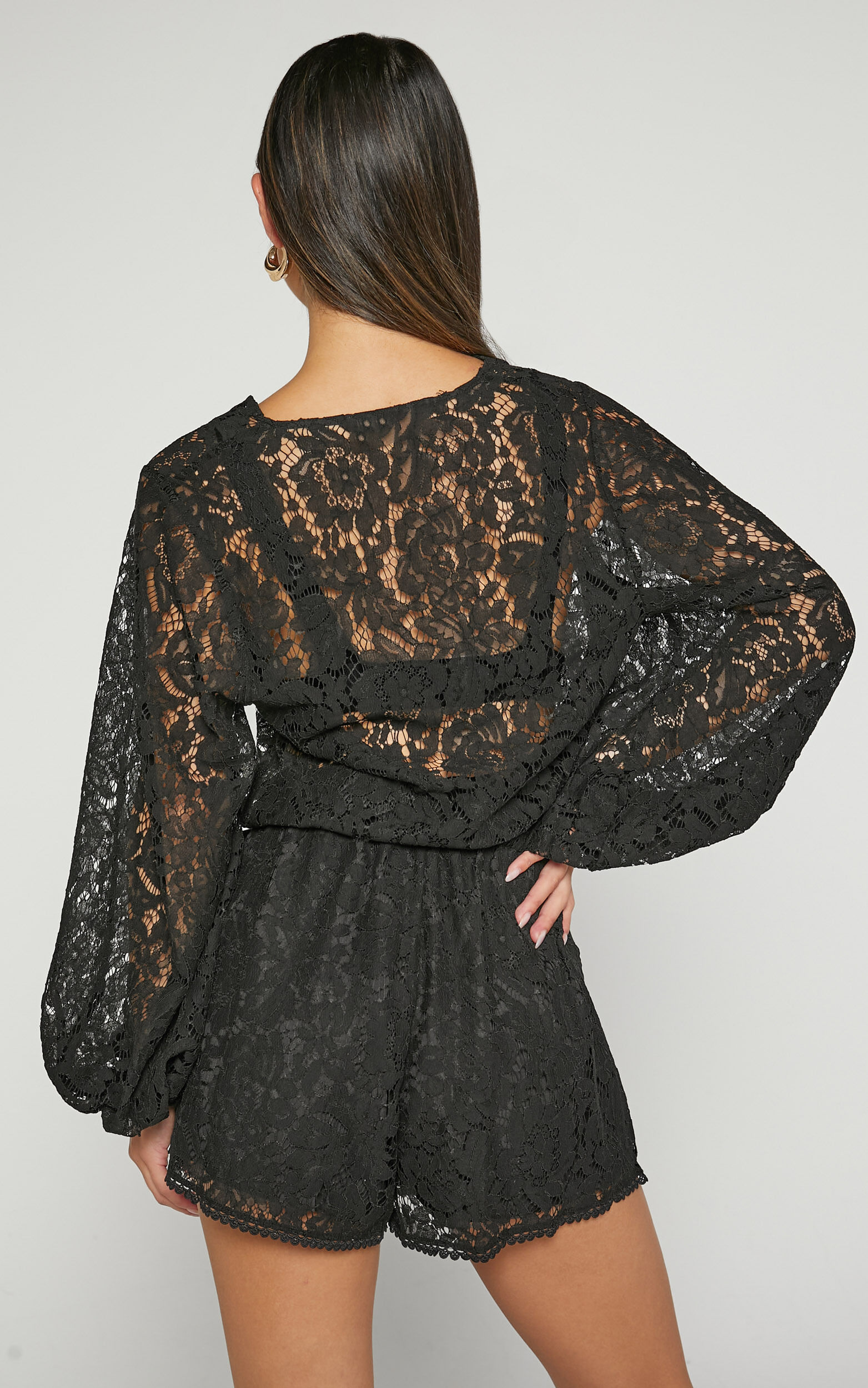 Oscar Playsuit Lace Long Sleeve V Neck in Black Showpo
