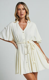 Cathe Mini Dress - V Neck Button Through Short Flutter Sleeve Tie Waist in Off White