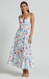 Georgia Midi Dress - Strappy Plunge A Line Dress in Peony Meadow Print