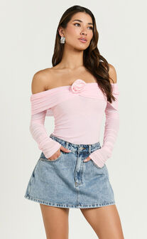 Seraphina Bodysuit - Off Shoulder Long Sleeve Detachable Rosette Mesh Bodysuit in Baby Pink