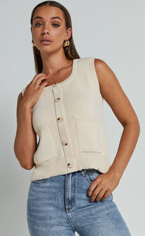 Ricky Vest - Knitted Button Through Vest in Cream