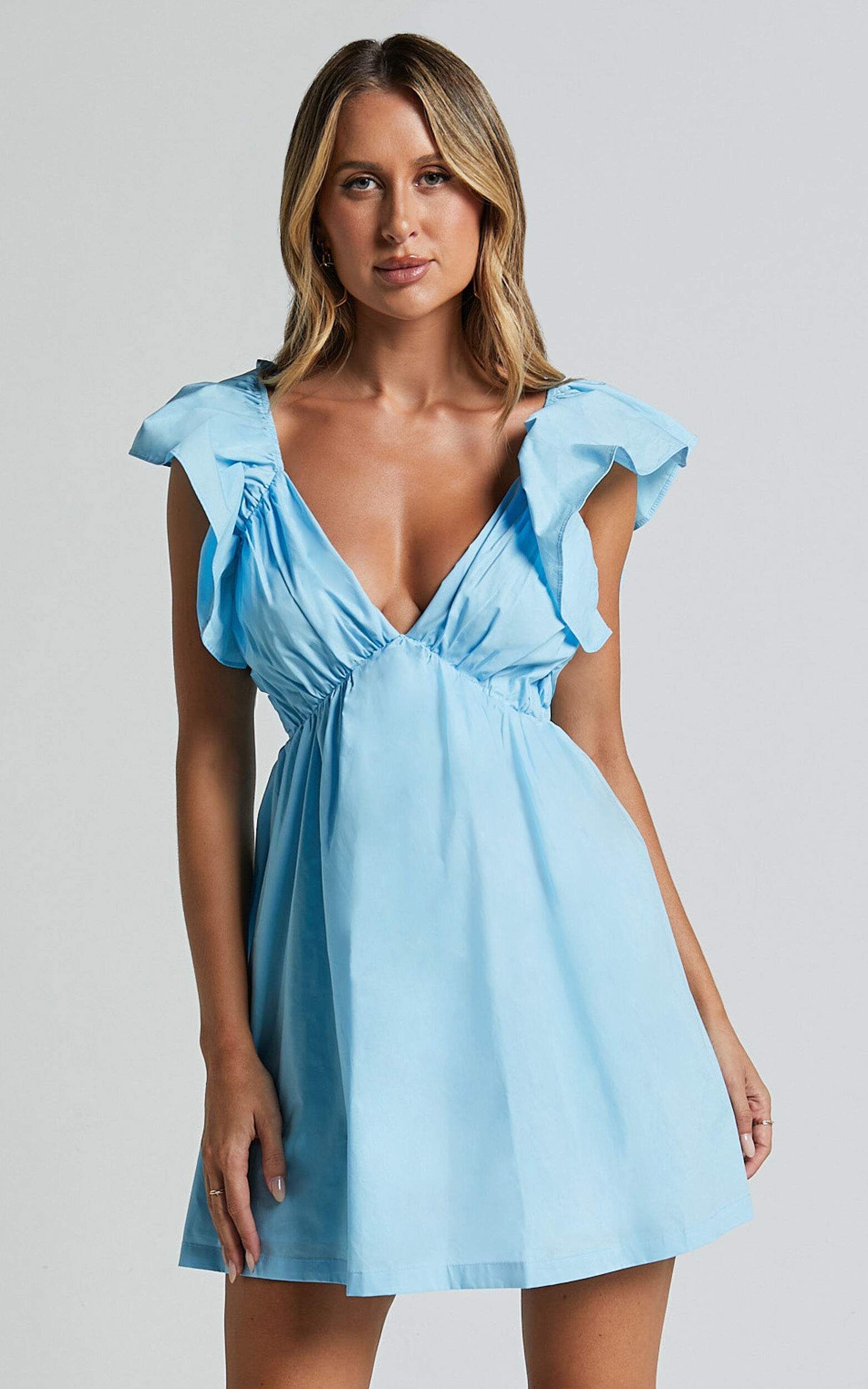 Raiza Mini Dress - Ruffle Sleeve Tie Back Plunge Dress in Bright Blue | Showpo