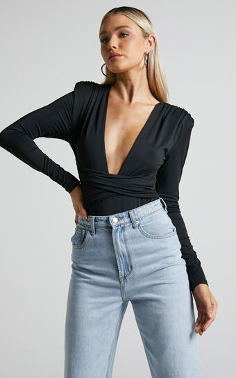 Jairlee Bodysuit - Plunge Neck Faux Wrap Front Bodysuit in Black