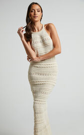 Clara Midi Dress - High Neck Bodycon Knit Dress in Beige | Showpo USA
