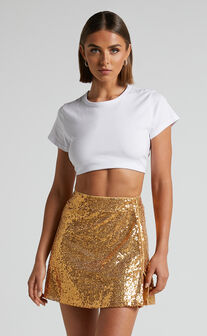 Elswyth Mini Skirt - Side Split Sequin Skirt in Gold