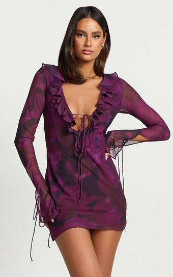 Alesya Mini Dress - Ruffle Plunge Neck Long Sleeve Tie Detail Dress in Royal Adeana