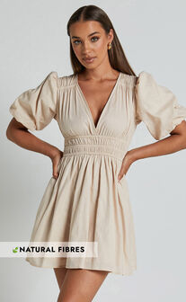 Francesca V Neck Puff Sleeves Mini Dress in Natural