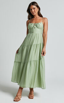 Rodeth Midi Dress - Ruched Bust Tie Front Tiered Dress in Sage
