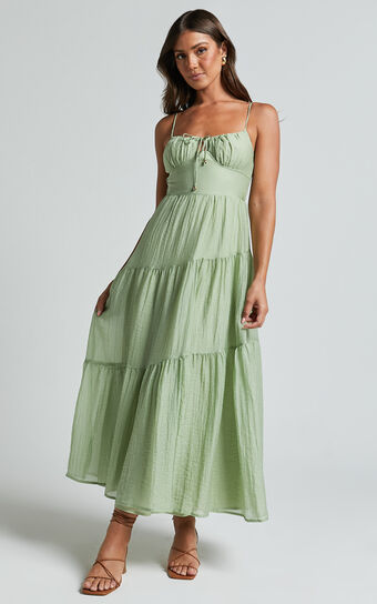 Rodeth Midi Dress Ruched Bust Tie Front Tiered in Sage 