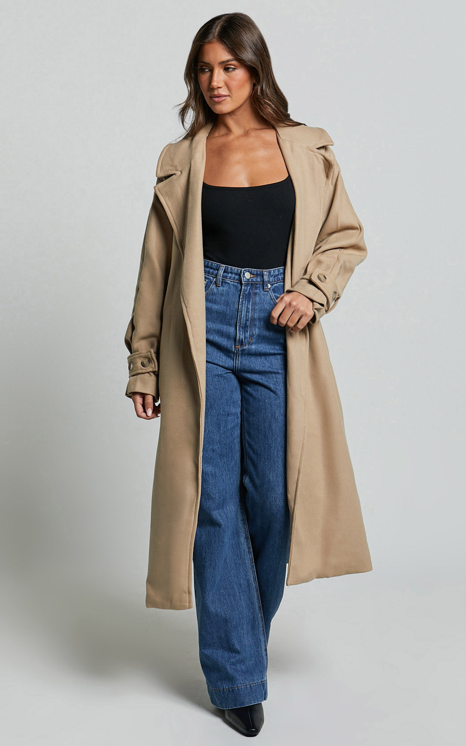 Mella Coat Belted Longline Coat in Camel Showpo USA