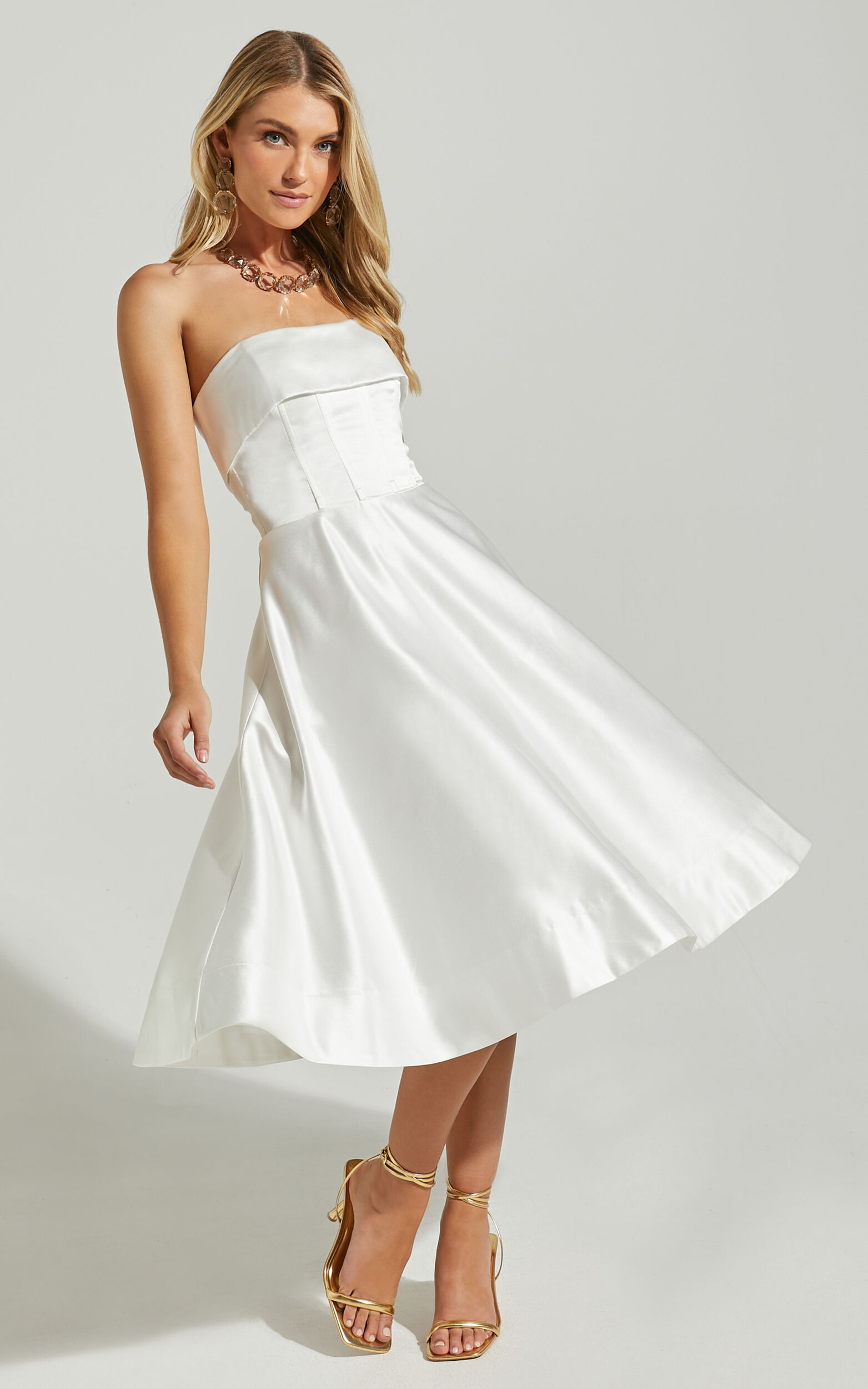 Romilly Midi Dress - Strapless Fit & Flare in Ivory - 04, WHT1