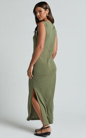 Jessenia Maxi Dress - Linen Look High Neck Dress in Olive | Showpo USA