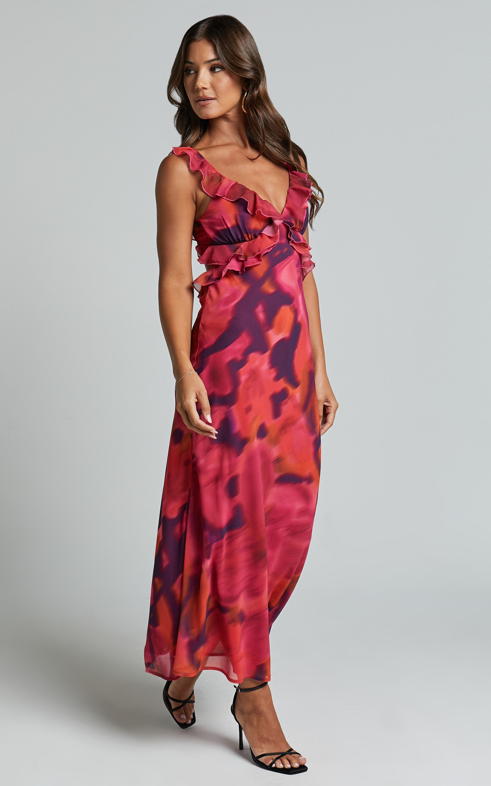 Alessa Midi Dress - V Neck Frill Detail Empire Waist Back Cut Out Dress ...