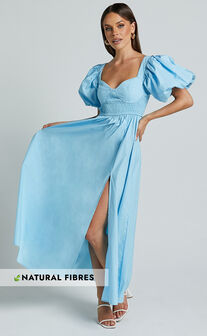 Raiza Midi Dress - Shirred Waist Puff Sleeve Dress in Aqua