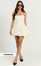 Harley Mini Dress - Strapless Drop Waist Bubble Hem Contrast Dress in Cream | Showpo