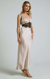 Juliet Midi Dress - V Neck Lace Insert Satin Slip Dress in Champagne ...