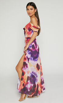 Keira Midi Dress - Draped Off the Shoulder Dress in Watercolour Floral