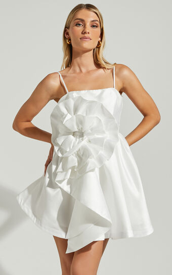 Seana Mini Dress - Sculptural Flower Dress in White