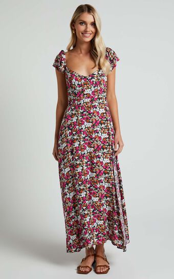 Donissa Midi Dress - Thigh Split Flutter Sleeve Dress in Navy Floral