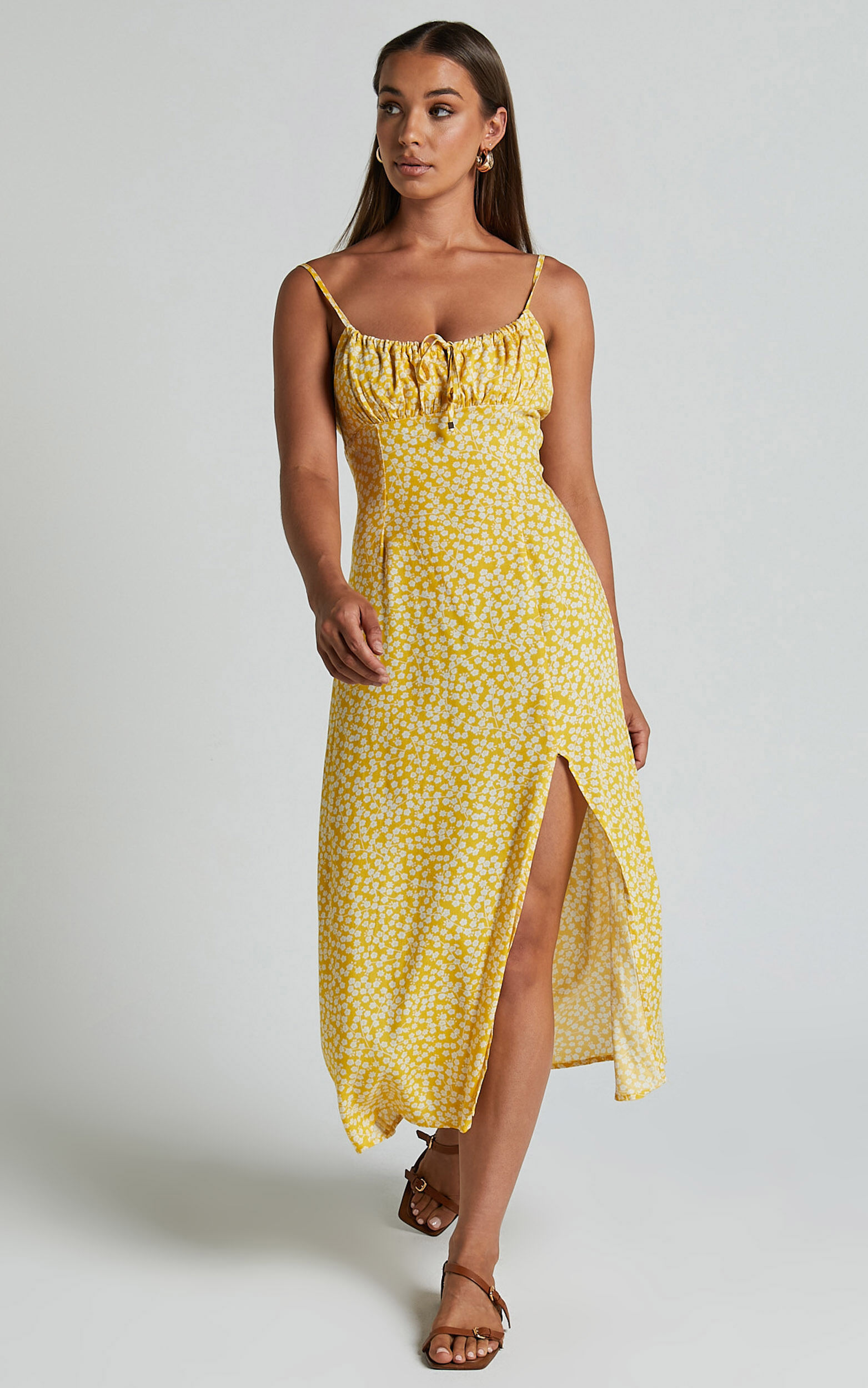 Willa Midi Dress - Ruched Bust Thigh Split Dress in Yellow Floral