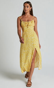Willa Midi Dress - Ruched Bust Thigh Split Dress in Yellow Floral