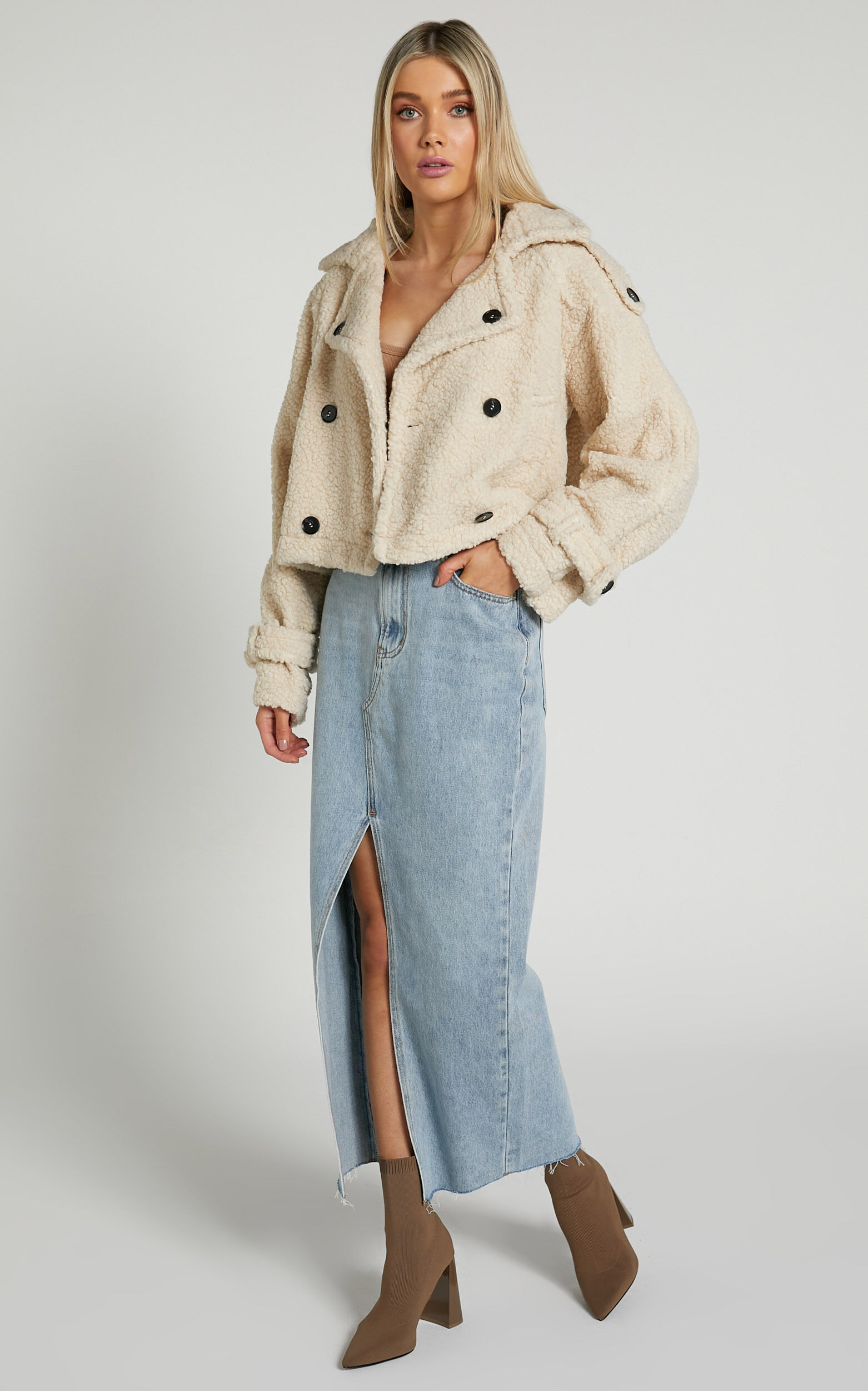 Cream borg cropped trucker jacket new arrivals