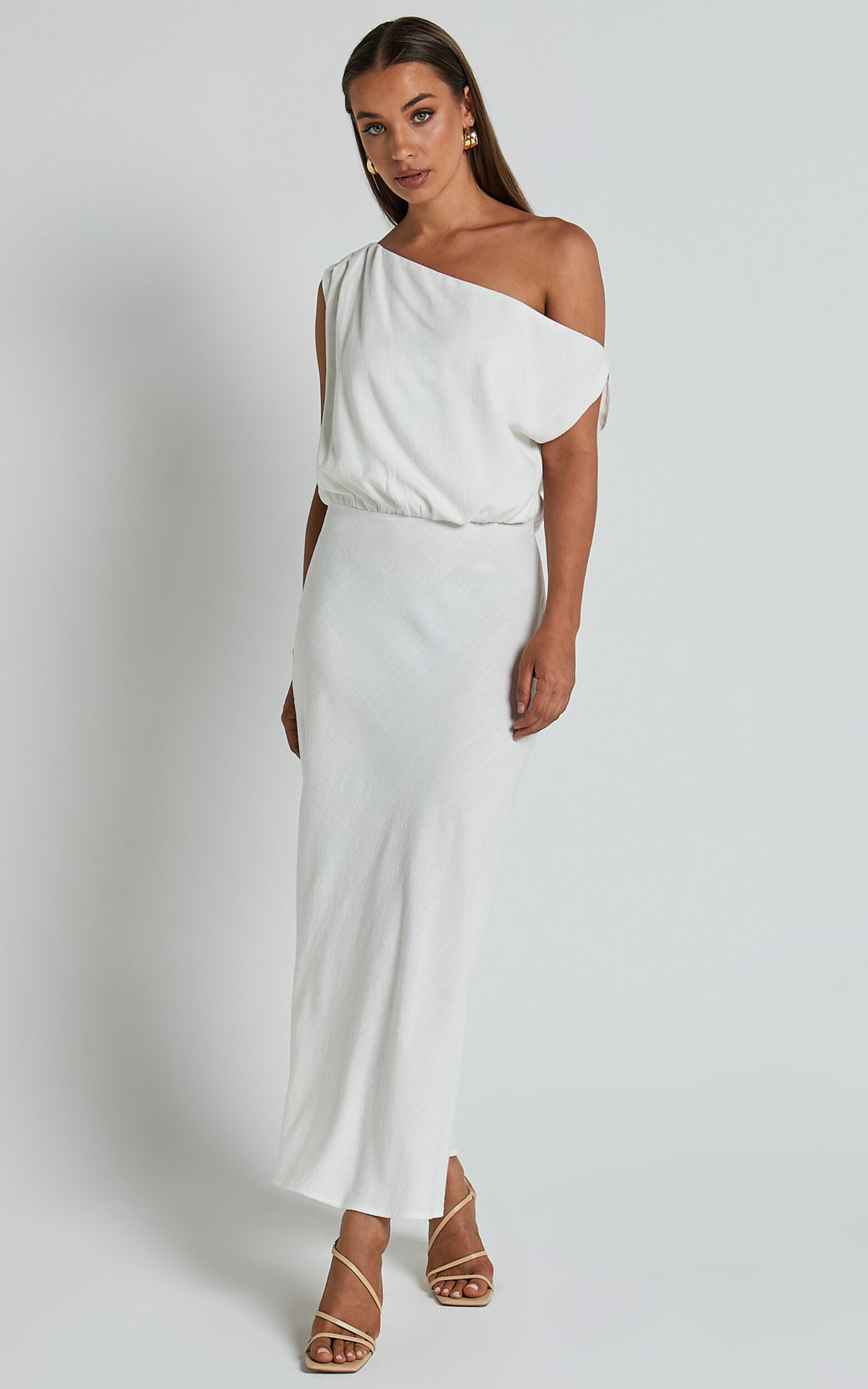 Jacqueline Midi Dress - Linen Look One Shoulder Dress in White - 06, WHT1