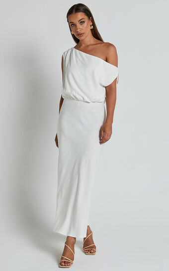 Jacqueline Midi Dress - Linen Look One Shoulder Dress in White