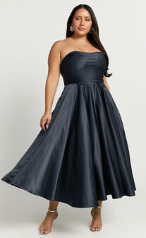 Helaina Midi Dress - Strapless A-Line Satin Dress in Navy