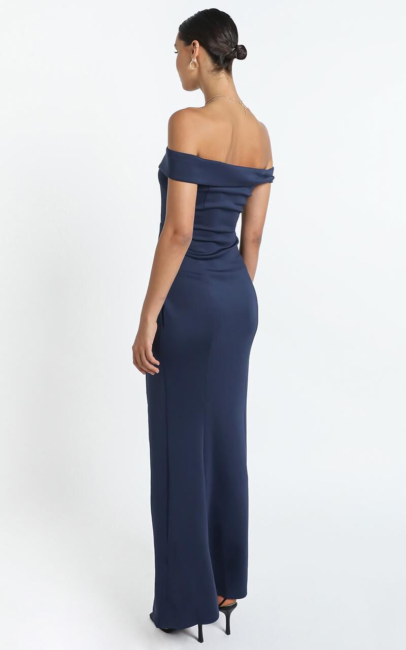One For The Money Off Shoulder Dress In Steel Blue Showpo NZ