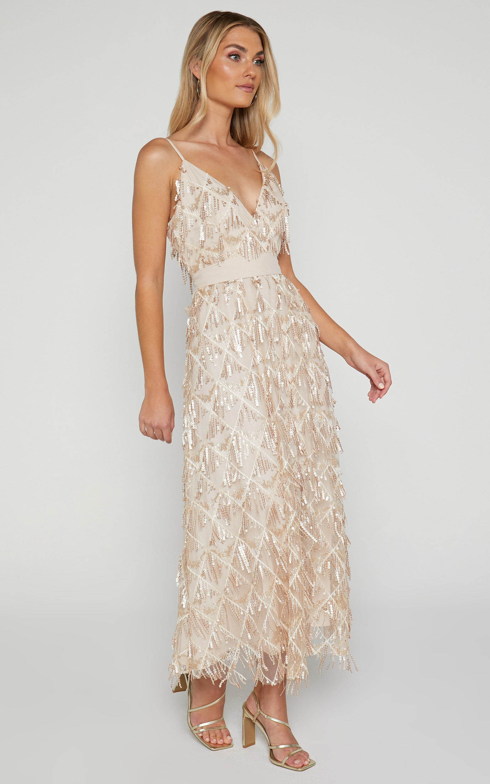 Shook Midi Dress Plunge fringe midi dress in champagne sequin in Gold