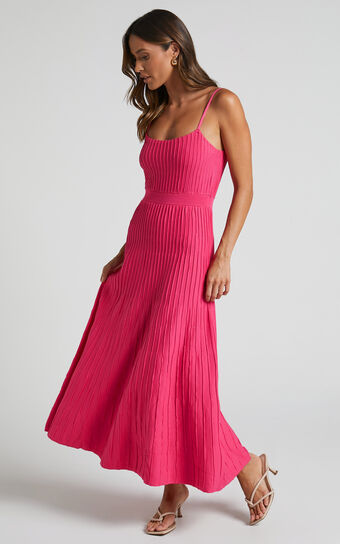 Donissa Midi Dress - Panelled Knit Dress in Hot Pink