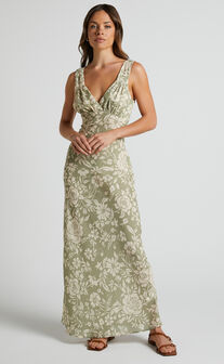 Mauriel Midi Dress - Deep V Gathered Bust Slip Dress in Green Floral