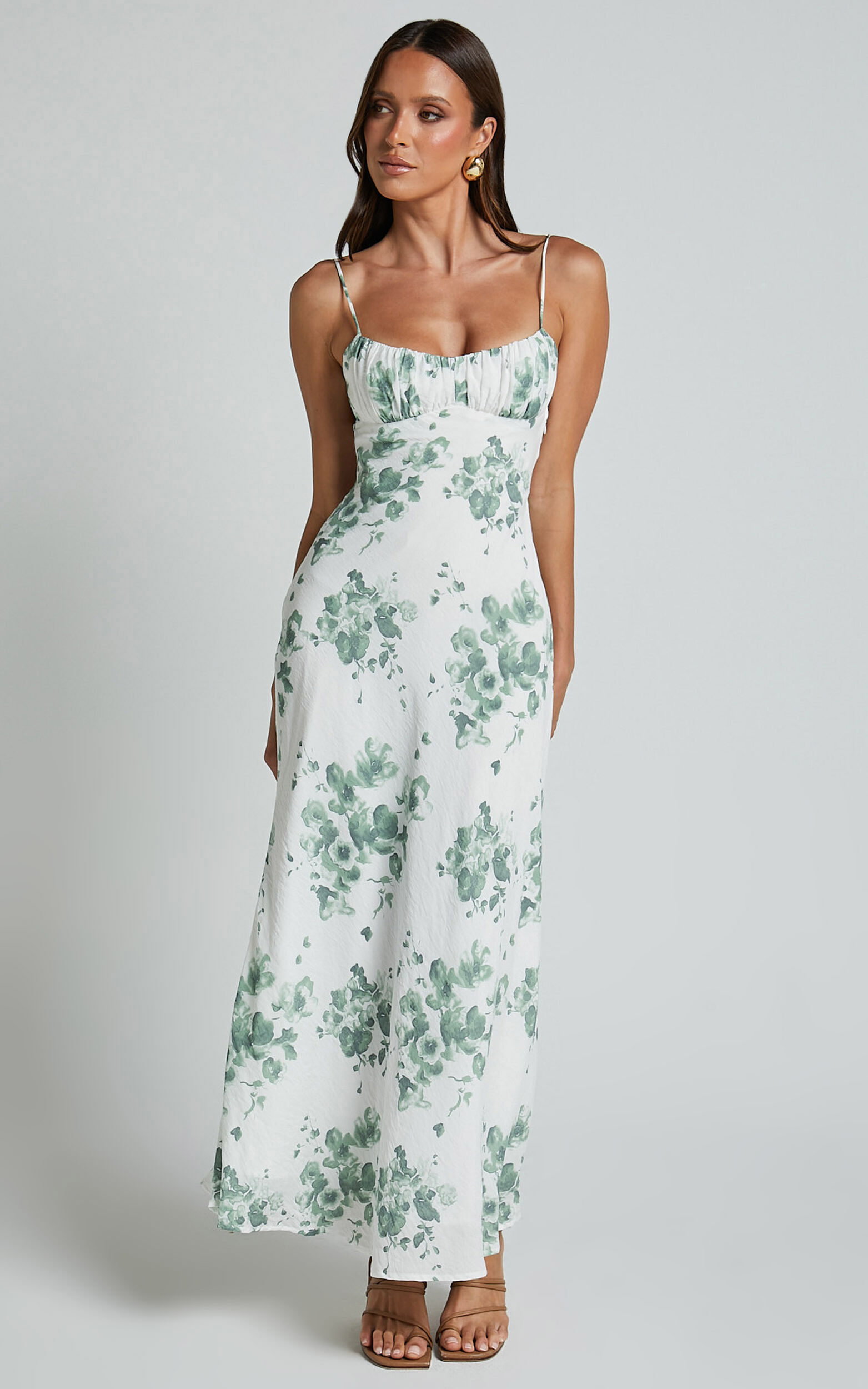 Bettina Midi Dress - Strappy Ruched Bust Slip Dress in Green and White ...