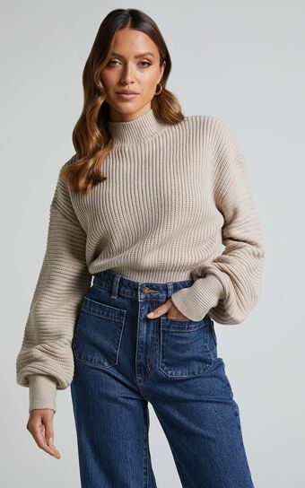 Valerie Jumper - High Neck Balloon Sleeve Knit Jumper in Beige