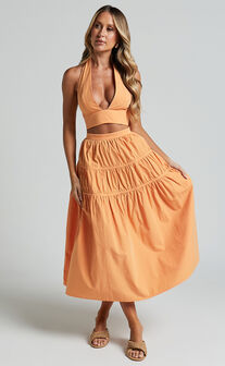 Andrielly Two Piece Set - Halter Neck Top and Gathered Midi Skirt Set in Sherbet Orange