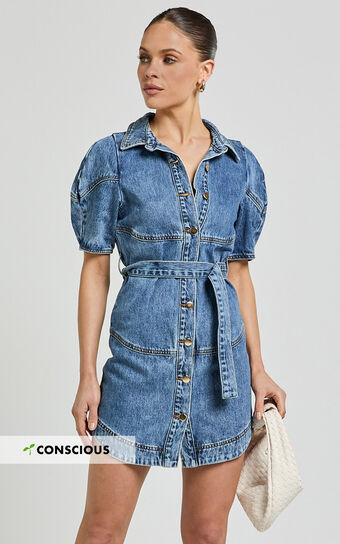 Cannes Mini Dress - Button Through Belted Recycled Denim Dress in Mid Blue Wash