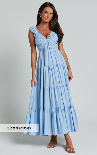 Nicollee Midi Dress - Plunge Neck Sleeveless Tiered Dress in Blue No Brand