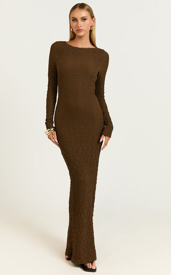 Amy Midi Dress - Scoop Long Sleeve Bodycon Dress in Chocolate