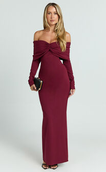 Rani Maxi Dress - Off Shoulder Long Sleeve Bodycon Dress in Wine
