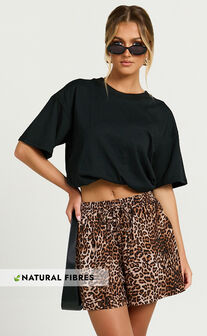 Lopez Linen Blend Shorts - High Waisted Shorts in Tonal Leopard Print