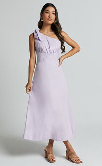 Ayah Midi Dress - One Shoulder Bow Detail Midi Dress in Lilac