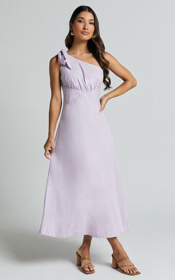 Ayah Midi Dress - One Shoulder Bow Detail Midi Dress in Lilac No Brand
