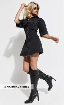 Leilani Mini Dress - Denim Short Sleeve Button Up Dress in Washed Black