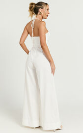 Norah Jumpsuit - Linen Look Halter Neck Wide Leg Jumpsuit in White | Showpo