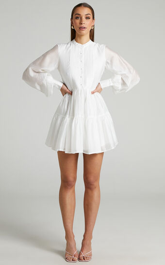 Kyra Mini Dress - Pin Tuck Detail Tiered Shirt Dress in Off White