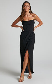Minnie Midi Dress - Drape Neck Satin Slip Dress in Black