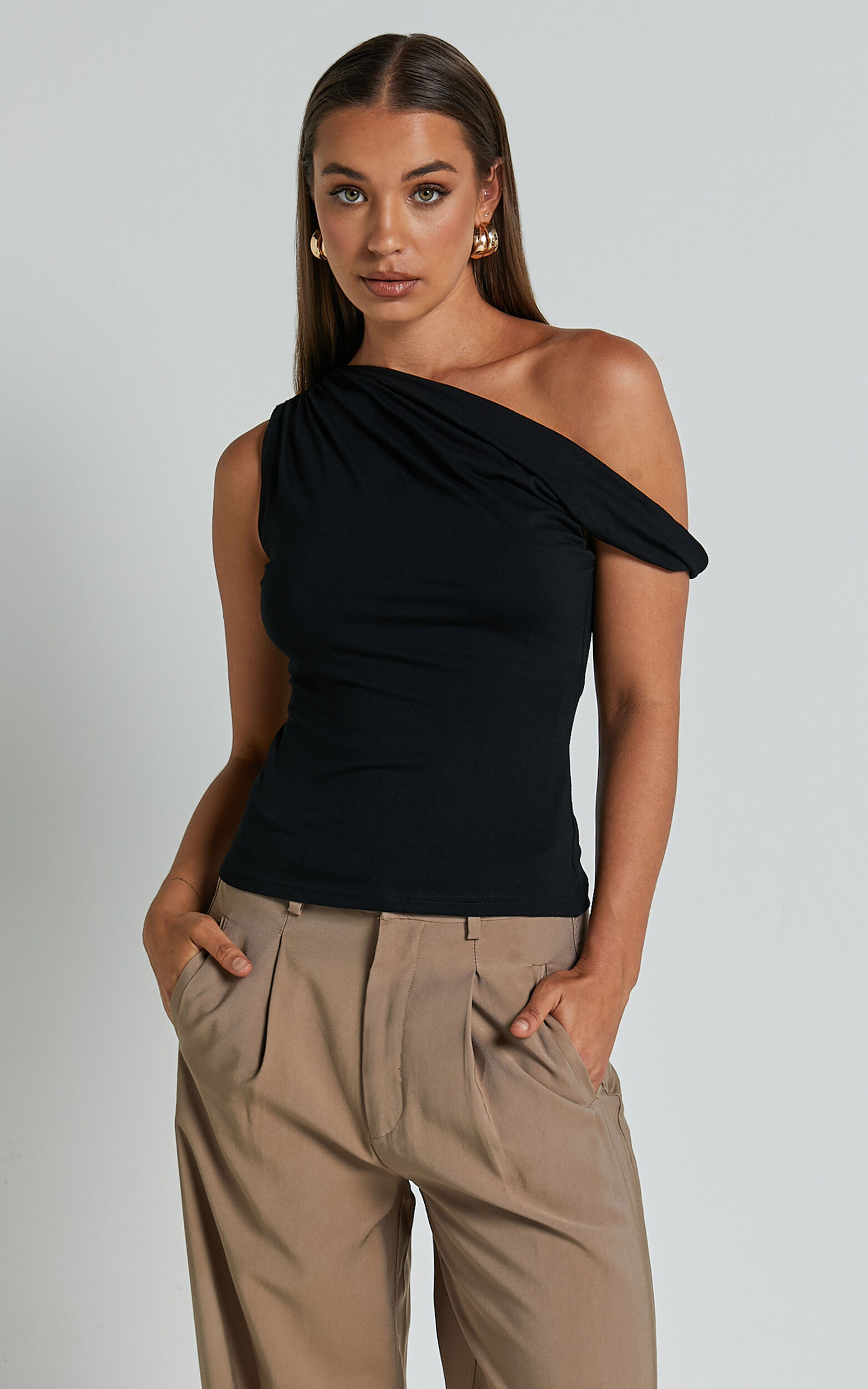 Jialeen Top Off Shoulder Twist Asymmetrical Sleeve Top in Black Showpo